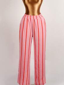 بنطلون فضفاض طويل ملون مخطط للنساء، ملابس كاجوال للشاطئ والعطلات الصيفية