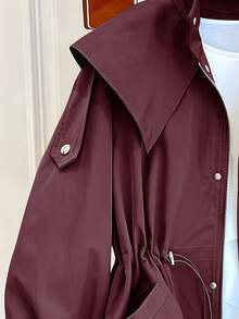 1 chiếc áo khoác dài dệt vải trơn màu có túi rút cài nút phía trước, thường ngày cho mùa xuân/thu - Màu Đỏ Sâu - Xem 4