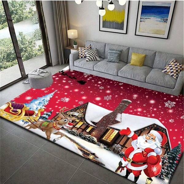 1pc Christmas Joyful Santa Claus 3D Printed Carpet - Easy To Clean, Machine Washable, Non-Slip Surface, Suitable For Living Room, Coffee Table, Rug, Bedroom, Hallway And Porch - Holiday Home Decor Bathroom Kitchen Decor Kitchen Rug
