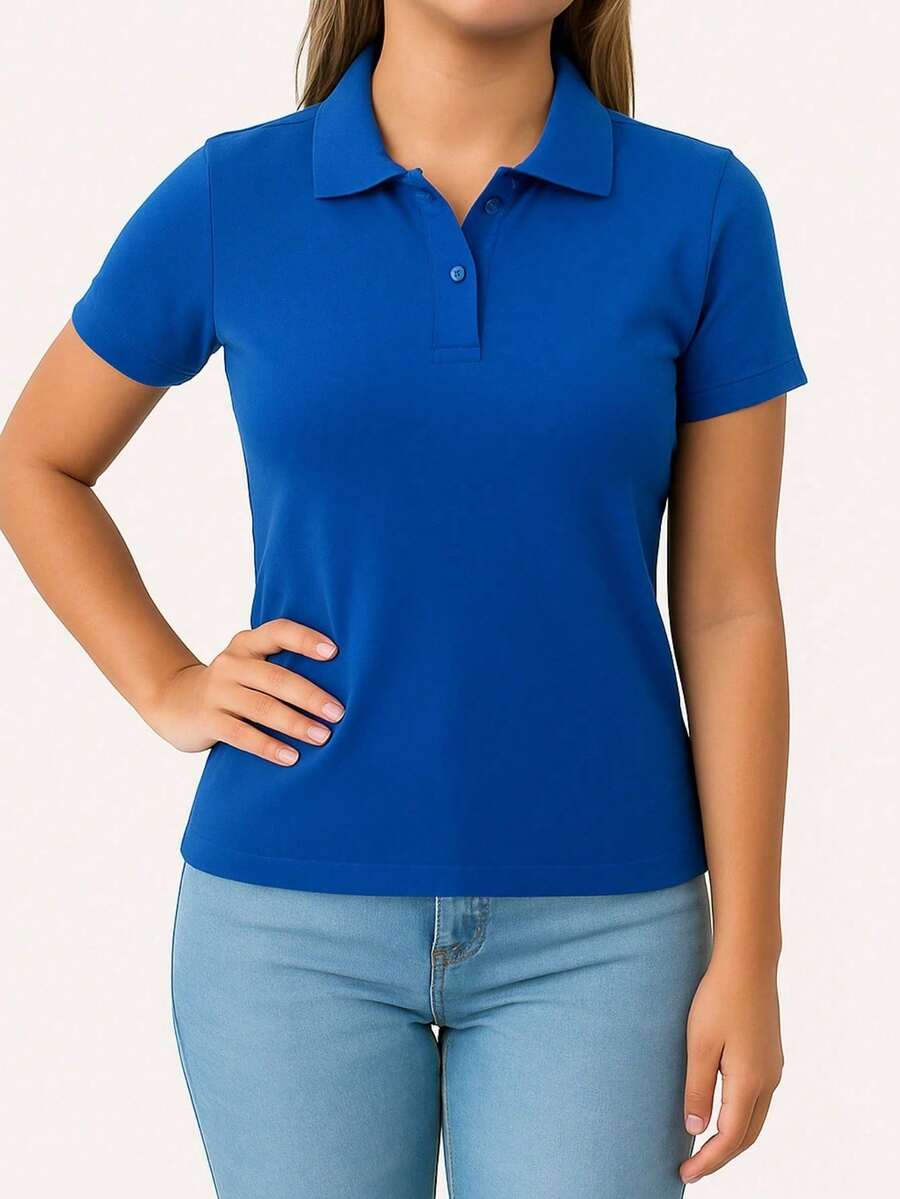 Baby Look Women's Polo Neck Piquet Premium - 寶藍色 - 查看 1