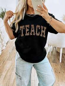 Teacher Shirt, Leopard Teach Tee, Animal Print Varsity Letters Teacher TShirts, Teacher Appreciation Gifts, Graduation Gift For Teacher - 黑色 - 查看 1