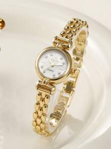 1pc French Fashion Multifunctional Petite Women's Quartz Watch, Round Minimalist Dial With Metal Band. Suitable For Daily Wear And As Holiday Gift.