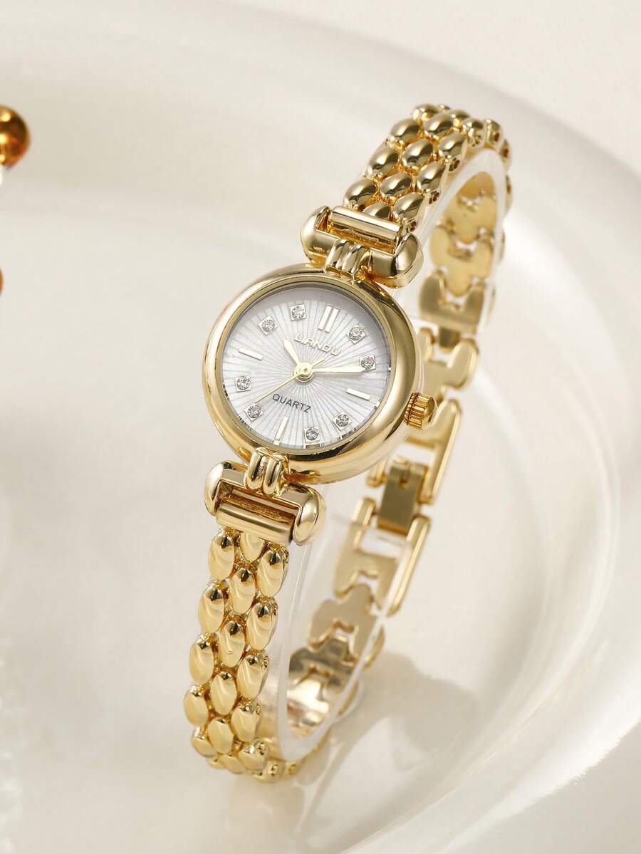 LIANDU 1pc Vintage Exquisite Small Round Women's Quartz Watch, Gold Sun-Ray Dial, Inlaid Pearl Mother-Of-Pearl Markers, Metal Chain Bracelet, Alloy Steel Band, British Vintage Style, Niche Luxury Fashion Quartz Wristwatch, Suitable For Daily, Holiday, Party, Ramadan, Eid, Office, Thanksgiving, Wedding, Banquet, Date, Christmas, Back To School, Halloween, Easter And Other Occasions, Best Gift For Women