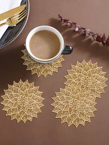12pcs Gold Flower Coasters, PVC Material 3.94inch Round Coffee Cup Mats, Washable, Easy To Clean, Wipe-Able, Non-Slip, Heat-Resistant, Suitable For Room Decor, Dining Table Decor, Home Decor, Ideal For Holidays, Parties, Birthdays, Weddings And Dinners - Gold - View 8