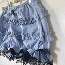 Women's Summer Ruffled Shorts With Black Lace Trim For Daily Wear With Bow Detail And Layered Design - 藍色 - 查看 5