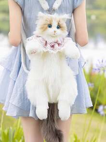 逼真的毛绒猫背包 - 可爱柔软的毛绒动物背包，配有可调节肩带，浅棕褐色