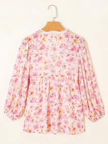 Acelitt Autumn Pink Printed Tassel Tie V-Neck Bubble Sleeve Waist Top - Pink - View 3