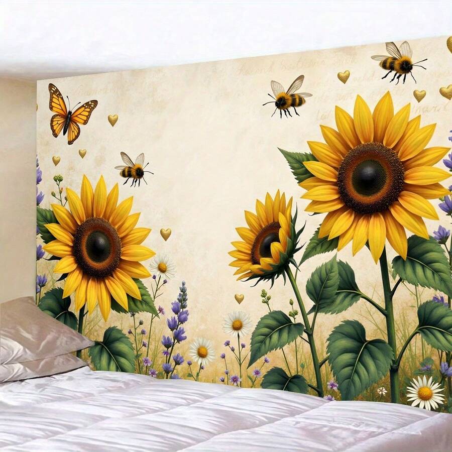 1pc Sunflower Garden Party Tapestry Backdrop With Butterflies & Bees - Vibrant 2D Fabric Art Print Poster For Indoor/Outdoor Decor, Home Wall Tapestry, And Event Decorations, Garden Decoration, Multi-Use In Mixed Sizes, Ideal Gift For Family, Friends & Classmate - Style 1 - View 1