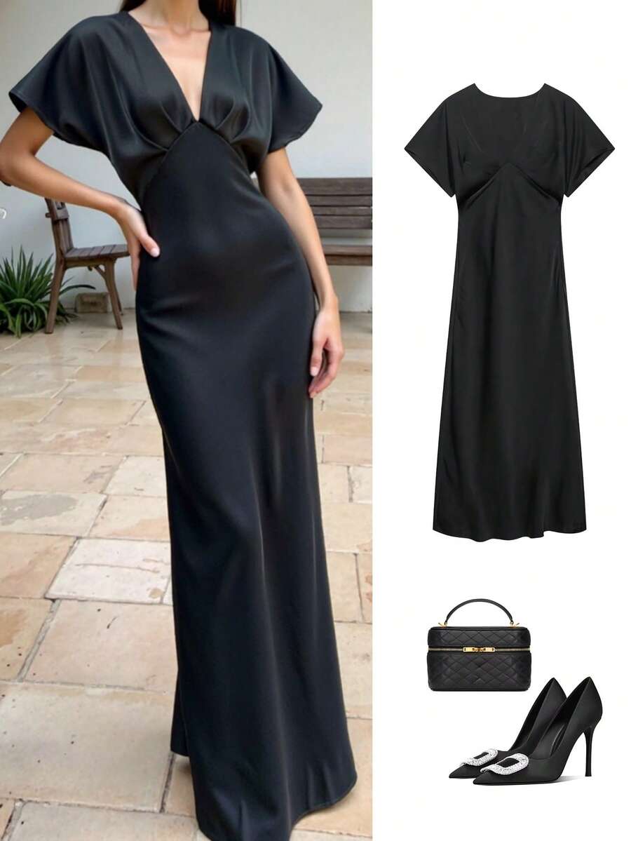 Women's Summer Fashion New V-Neck Waist Fitted Silk-Like Satin Boho Vacation Dress - Black - View 1