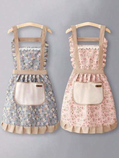 1pcs Cute Japanese Apron Maid Skirt Belt Kitchen Home Restaurant Workwear Women Coffee Workwear Apron, Home Work Adjustable Apron Floral Print Cake Kitchen Cooking Women Girls Apron With Pockets, Scrub Resistant Durable Wear Resistant Suitable For Kitchen Home And Work Apron Pretty Apron Kitchen