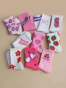 5雙隨機粉色時尚女大學風舒適透氣中筒襪，印有英式心形和草莓圖案 - 彩色 - 查看 3