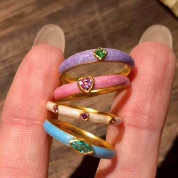 1 pieza Anillo de dedo índice de estilo vintage con zirconia y esmalte de color dopamina, temperamento francés, regalo para ella, para vacaciones, festivales de música, aniversario, regalo de pareja