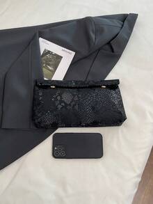 Túi xách thời trang màu trơn, chất liệu PU, dung tích lớn, nắp gập khóa nam châm, túi vuông nhỏ, họa tiết da cá sấu, túi đa năng dự tiệc, dạ hội, thích hợp cho phụ nữ đi du lịch và mua sắm. - màu đen - Xem 5