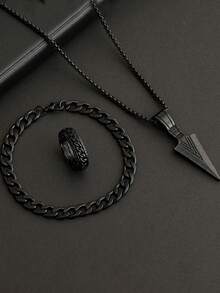 3pcs/Set Men's Hiphop Stainless Steel Chain Swivel Clasp, Pressure Resistant Ring, Bracelet, Cross Necklace - Arrow Three Piece Set - View 19