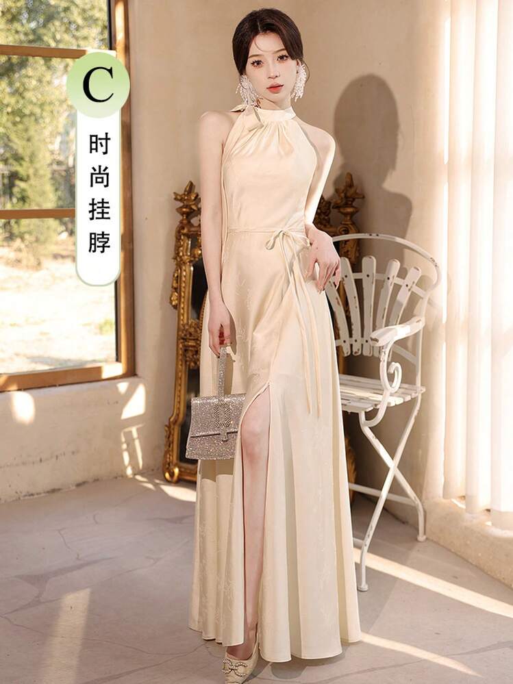 shein champagne bridesmaid dresses Spring Split Sleeve Split Thigh Chiffon Champagne Bridesmaid Dress For  Wedding
