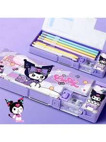 1pc Sanrio Kuromi Stationery Box, Multifunctional Cartoon Pencil Case With Ballpoint Pens, Colored Pencils, Ruler, Suitable For School And Office, Perfect Gift For Birthday, Christmas, Thanksgiving