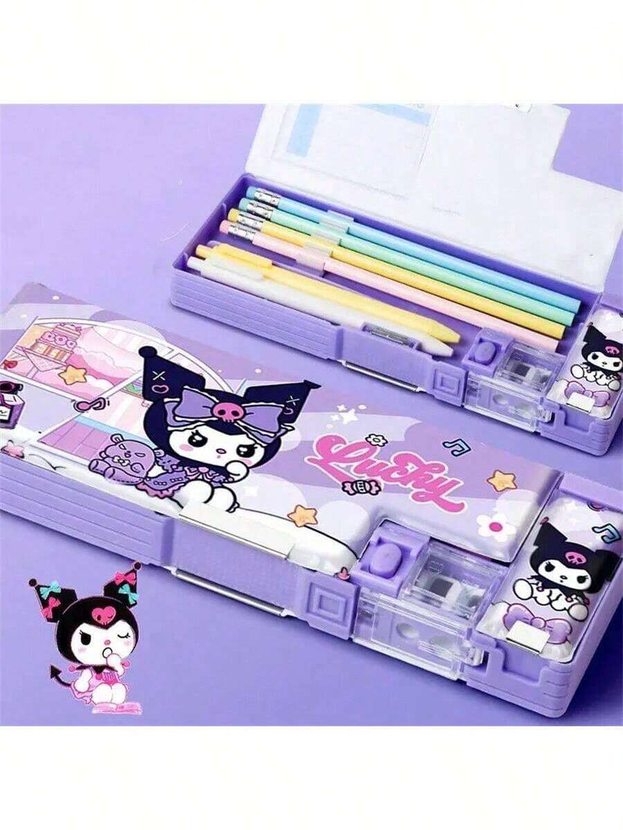 1pc Sanrio Kuromi Stationery Box, Multifunctional Cartoon Pencil Case With Ballpoint Pens, Colored Pencils, Ruler, Suitable For School And Office, Perfect Gift For Birthday, Christmas, Thanksgiving