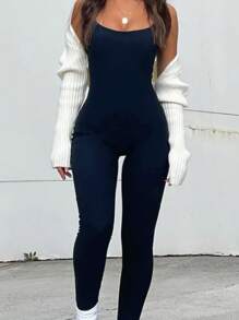 1pc Women Seamless Tummy Shaping Waist Lifting Jumpsuit, Plus Size Jumpsuit - Navy Blue - View 5