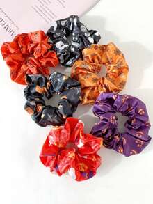 6pcs Minimalist Fashion Personalized Funny Halloween Atmosphere Satin Fabric Pumpkin, Skull, Spider, Ghost High Elastic High Ponytail Hair Scrunchies For Women, Suitable For Halloween Wear, Washing Face, Hair Accessories, Hair Ties, Scrunchy Hair Ties, Sport ,Head Piece