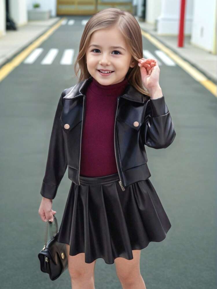 2pcs/Set Young Girls Spring/Autumn Fashion Pu Jacket & Skirt Suit, Streetwear Leather Skirt Set For Young Girl - Black - View 4