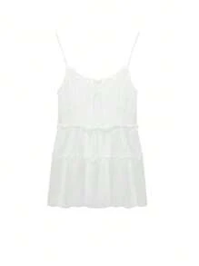Petite White Lace Trim Spaghetti Strap A-Line Peplum Mini Dress For Women, Summer