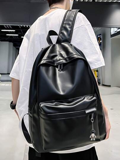 peach tree 1pc Minimalist Solid Color Backpack, Versatile Campus Style, Large Capacity Fits 12in Tablet, PU Laptop Backpack, Suitable For School, Travel, Black Color, Waterproof, Streamlined Design, Outdoor, Business, Fitness, Gift For Boyfriend, Dad Large Capacity Bag Office Bag