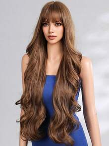 30 Inch Long Wig With Bangs Brown Synthetic Wigs For Women Bobo Wave Heat Resistant Long Wig Daily Party Uesd - 棕色 - 查看 4