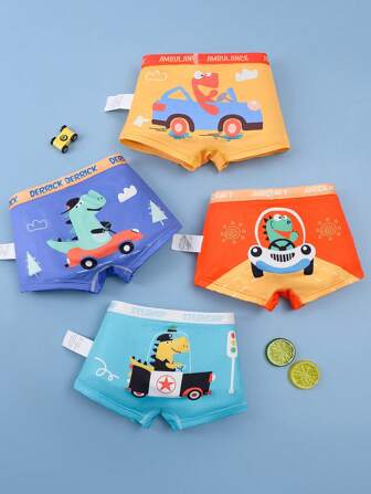 4pcs/Set Young Boy Dinosaur Print Boxer Briefs, Children Underwear Shorts Set