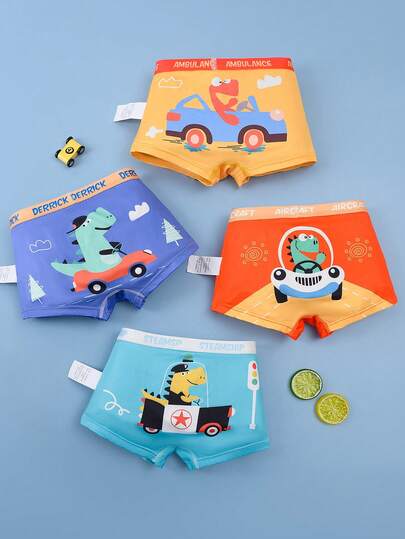 4 st/set Boxershorts med dinosaurietryck för pojkar, set med underkläder för barn