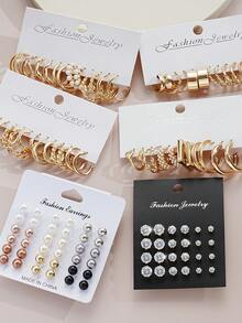108pcs Simple Faux Pearl & Rhinestone Metal Geometric Stud Earrings & Hoop Earrings Set, Gift For Women, Suitable For Vacation, Date, Daily Casual, Wedding Matching - Vàng - Xem 7