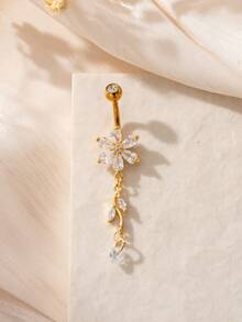 1pc Elegant Cubic Zirconia Flower Design Pierced Navel Ring, Suitable For Women's Daily, Date, Party Wear