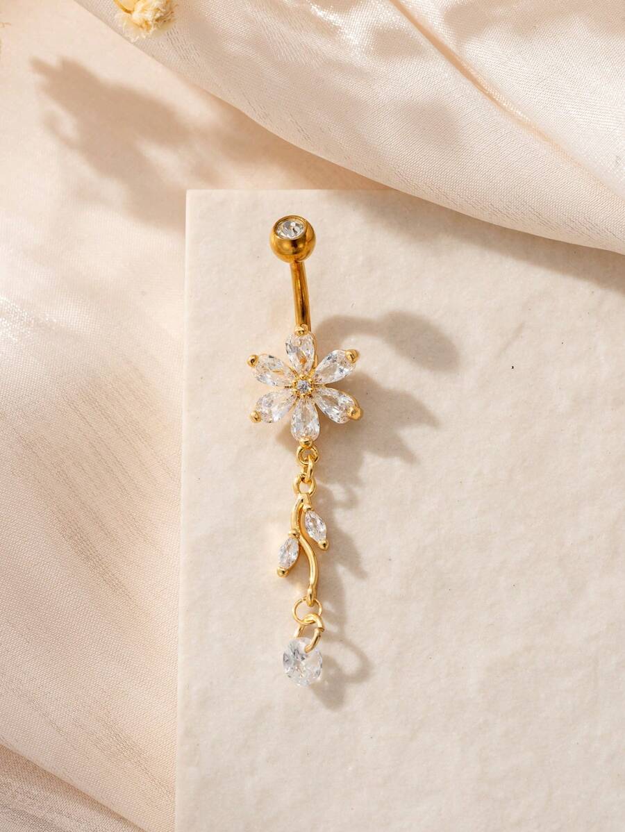 1pc Elegant Cubic Zirconia Flower Design Pierced Navel Ring, Suitable For Women's Daily, Date, Party Wear