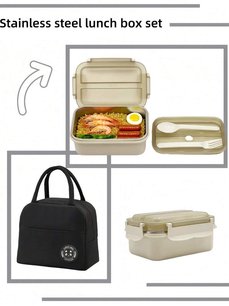 1 套不锈钢 304 午餐盒套装，含餐具和午餐袋，方便的学校午餐盒套装，防漏工作便当盒套装，适用于学生和成人午餐的食物容器，适用于办公室、学校、户外、野餐、派对、厨房