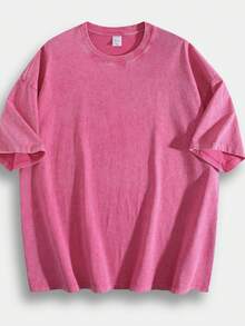 230g Thick Unisex Washed Vintage Oversized T-Shirt Street Hip Hop Punk Harajuku Casual Cotton Shorts DG004 - 玫紅色 - 查看 1