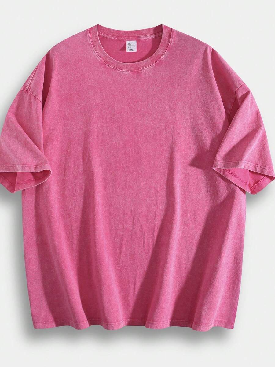 230g Thick Unisex Washed Vintage Oversized T-Shirt Street Hip Hop Punk Harajuku Casual Cotton Shorts DG004 - 玫紅色 - 查看 1
