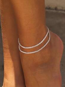 1 Piece Sterling Silver Ankle Bracelet Set - Dainty Layered Waterproof Anklets For Women, Adjustable Sparkly Herringbone & Beaded Rope Chains, Stackable Cute Summer Beach Jewelry, Perfect For Vacation & Daily Wear, Ideal Gift For Her