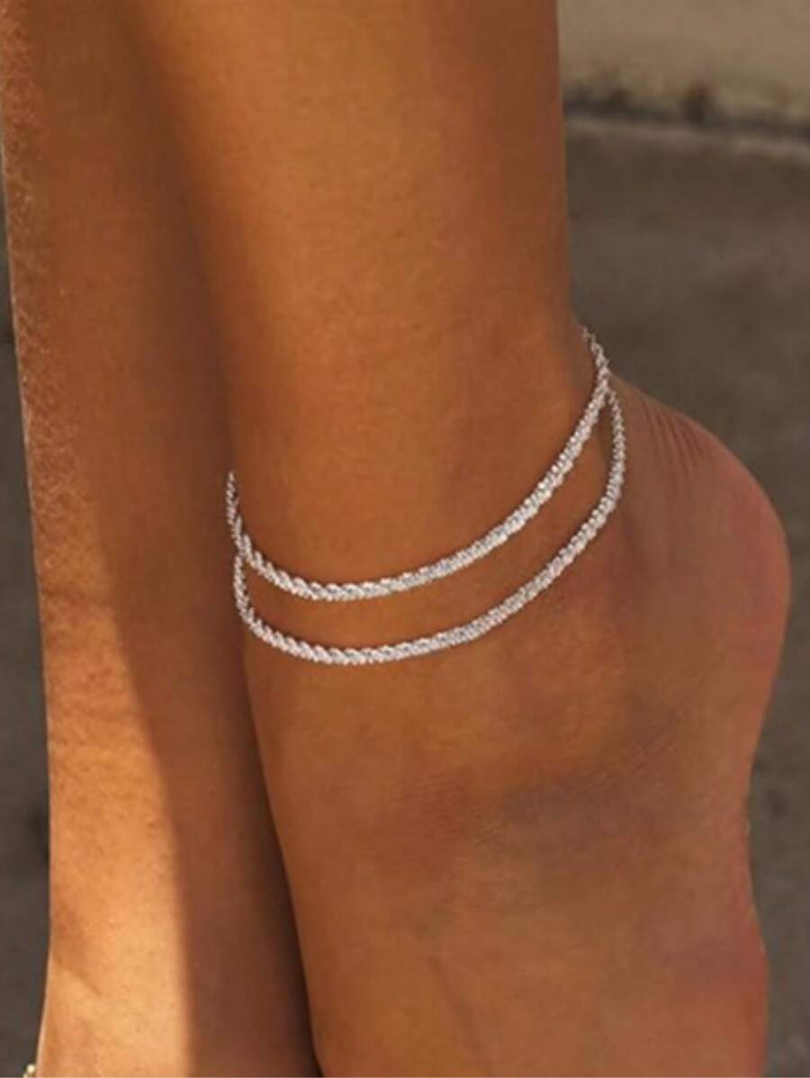 1 Piece Sterling Silver Ankle Bracelet Set - Dainty Layered Waterproof Anklets For Women, Adjustable Sparkly Herringbone & Beaded Rope Chains, Stackable Cute Summer Beach Jewelry, Perfect For Vacation & Daily Wear, Ideal Gift For Her