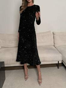 优雅晚礼服，正式聚会，圣诞节，新年，亮片高端奢华优雅长袖连衣裙，黑色，春季款 - 黑色 - 查看 7