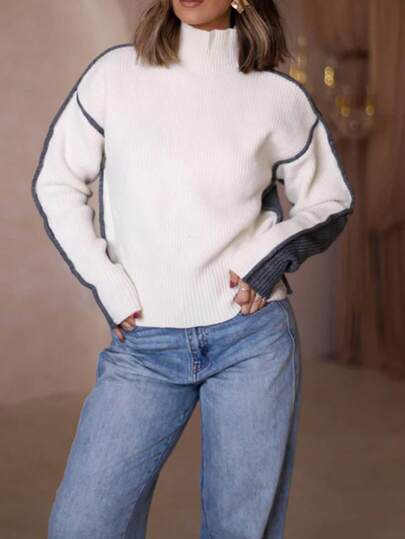 2025 Women's Winter New Elegant Casual Reversible Top, Color Block White & Dark Grey Ribbed Turtleneck Long Sleeve Knit Pullover