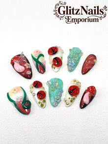 每套10片 Y2k杏仁美甲立体蝴蝶造型橡胶瓢虫多色搭配女生可爱夏日旅行海滩场景多色装饰三种尺寸可选派对万圣节舞会及日常搭配美甲用品 - 彩色 - 查看 1