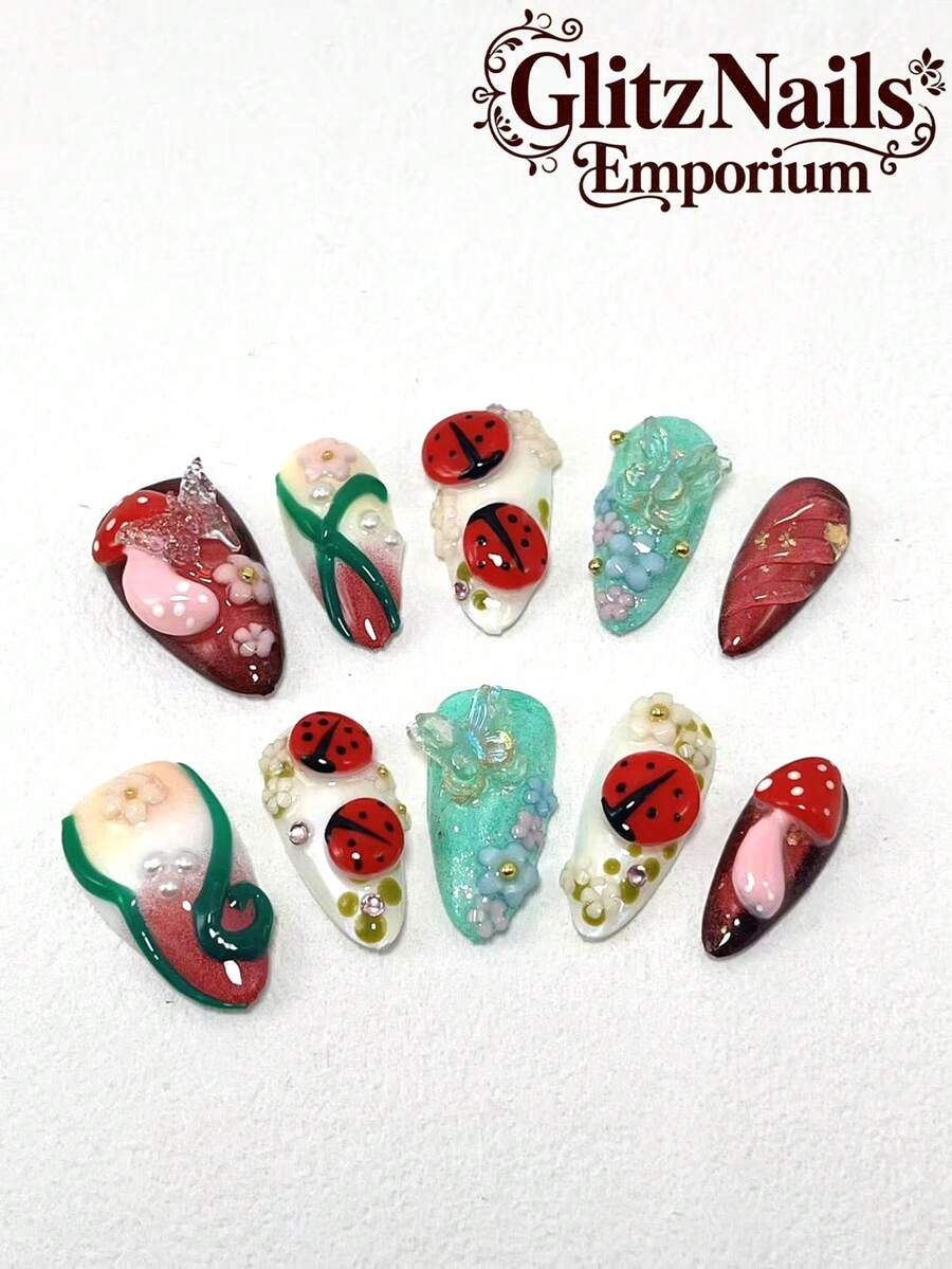 每套10片 Y2k杏仁美甲立体蝴蝶造型橡胶瓢虫多色搭配女生可爱夏日旅行海滩场景多色装饰三种尺寸可选派对万圣节舞会及日常搭配美甲用品 - 彩色 - 查看 1