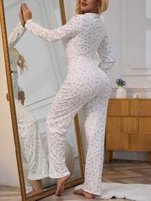 1件装女士卡通碎花印花罗纹性感连体睡衣，圣诞节假日家庭睡衣，秋季，冬季 - 白色 - 查看 2