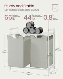 VASAGLE Laundry Hamper Organizer Laundry Basket Laundry Sorter With 2 Pull-Out And Removable Bags, Shelf, Metal Frame, 2 X 12.1 Gallons, 28.8 X 13 X 28.4 Inches, Cream White And Cloud White - 白色 - 查看 7