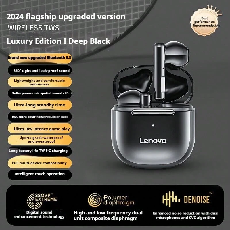 Lenovo 联想 TC3301 真无线蓝牙耳机，半入耳式，适用于音乐、运动、游戏和电子竞技，蓝牙 5.3，兼容 Apple、华为和 OPPO（黑色和白色） - 黑色 - 查看 1