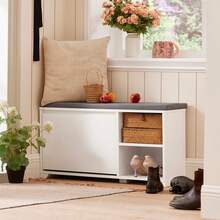 SoBuy FSR119-W, Hallway Shoe Bench Shoe Rack Shoe Cabinet With Seat Cushion And Flip-Drawer - 白色 - 查看 6