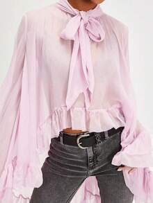 Women's Ruffled Tops Bow Tie Design Long Sleeve Peplum Lace Trim Chiffon Shirt Sheer V Neck Boho Ruffle Beach Blouse - 淺粉色 - 查看 1