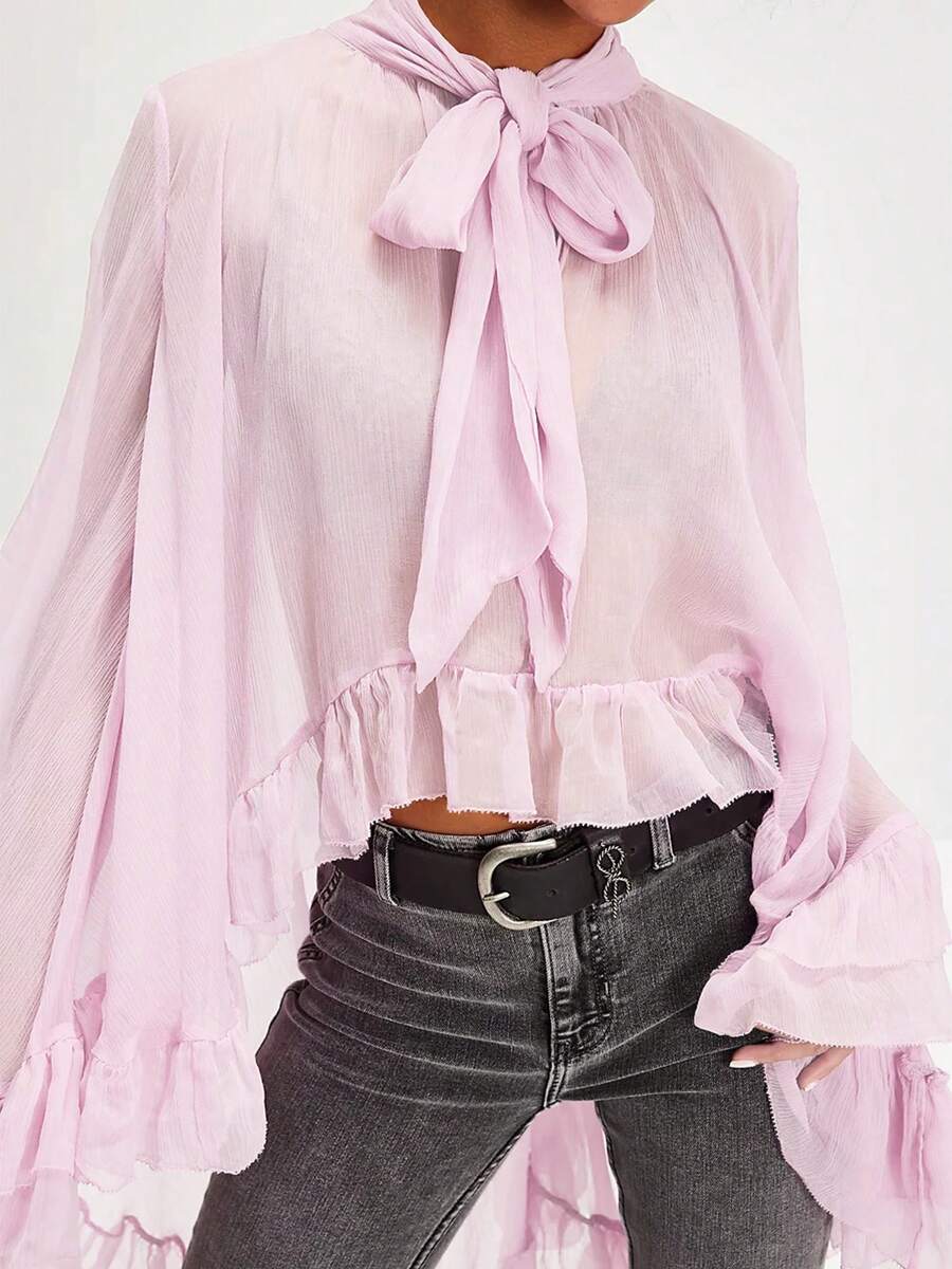 Women's Ruffled Tops Bow Tie Design Long Sleeve Peplum Lace Trim Chiffon Shirt Sheer V Neck Boho Ruffle Beach Blouse - 淺粉色 - 查看 1