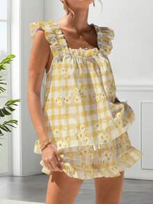 Womens Pajamas Set Bow Floral Print Ruffle Sleeveless Tank Top And Shorts Sleepwear Set Summer 2 Piece Outfits Women Floral Print Pajama Sets 2 Piece Lounge Set Ruffle Trim Sleeveless Top And Shorts Pjs Sleepwear - 黃色 - 查看 5