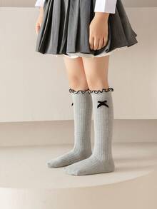 1 双/3 双儿童秋冬及膝袜，黑白灰色蝴蝶结装饰，校园风格女童蕾丝边长袜
