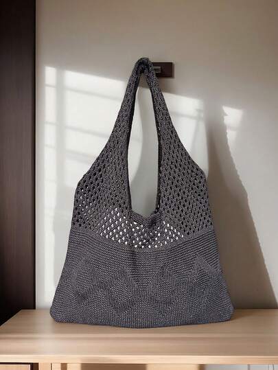 Mochila grande para la universidad, bolso grande para mujer, bolso de hombro grande de ganchillo con estilo, ligero y multifuncional, con patrón de rombos negros, ideal para viajes, playa, vacaciones y uso diario. Bolso de playa de verano de mujer tejido a ganchillo, bolso estético, ligero y plegable, con diseño para sacudir la arena, regalo perfecto para mujeres viajeras para actividades al aire libre, viajes y compras.